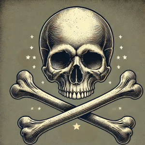 A detailed illustration of the skull and crossbones symbol, featuring a human skull with two crossed bones underneath.