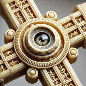 A realistic antique ivory Stanhope cross with intricate geometric carvings and a small central optical lens.