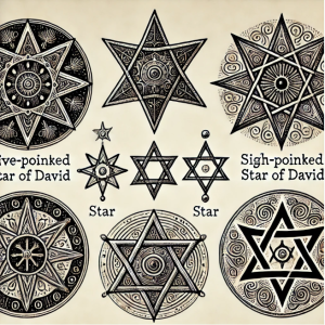 An illustration featuring various types of stars, including the five-pointed star, six-pointed Star of David, eight-pointed star, and pentagram, each with unique patterns and symbolic meanings.