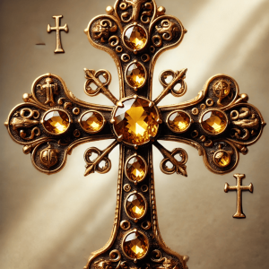 Antique religious cross adorned with golden-yellow topaz gemstones, set in gold with intricate medieval-style carvings. The topaz stones symbolize divine light and protection, reflecting their use in religious orfèvrerie.