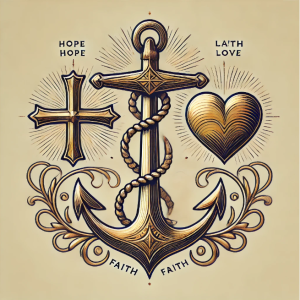 An elegant illustration of the triple symbol of an anchor, heart, and cross, representing hope, love, and faith.