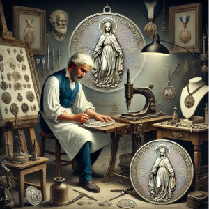 Adrien Vachette engraving the Miraculous Medal in his workshop, surrounded by jewelry and medals