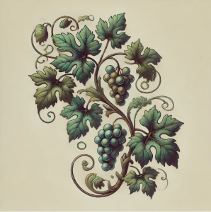 An antique-style illustration of a vine with muted green leaves and purple grapes, symbolizing life, growth, and abundance.