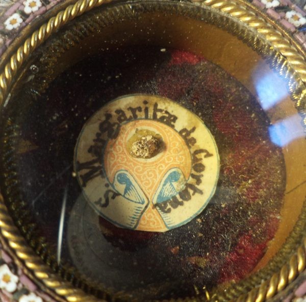 Murano millefiori reliquary containing a relic ex ossibus of Saint Margaret of Cortona