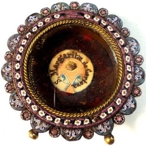 Murano millefiori reliquary containing a relic ex ossibus of Saint Margaret of Cortona