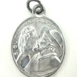 Vintage aluminum medal of Saint Guido of Anderlecht with a horse.