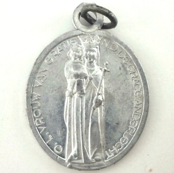 Vintage aluminum medal of Our Lady of Grace Anderlecht holding the Child Jesus.