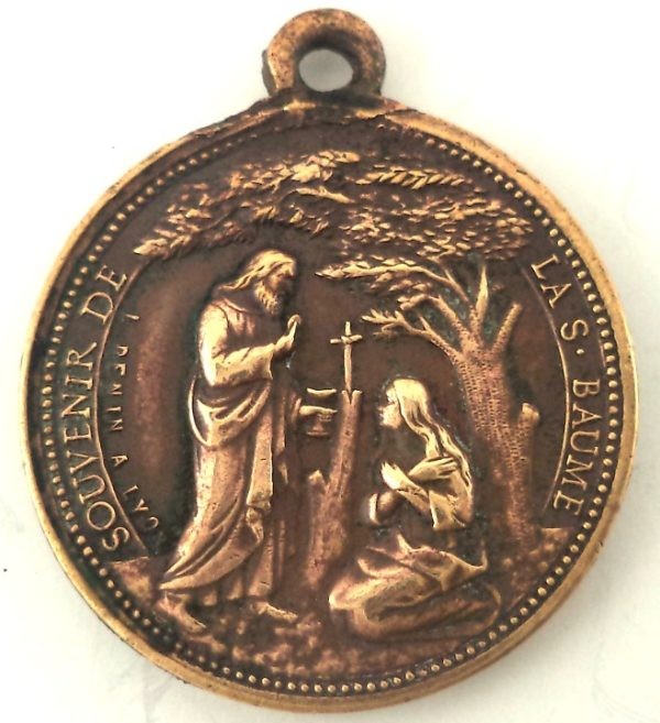 Antique bronze medal of Saint Mary Magdalene kneeling before Christ at La Sainte-Baume, engraved by Ludovic Penin.