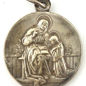 Antique silver-plated medal of Saint Anne teaching the Virgin Mary, engraved by Bouix.