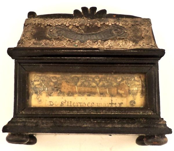 Close-up of antique wooden reliquary containing the ex-ossibus relic of Saint Hermes