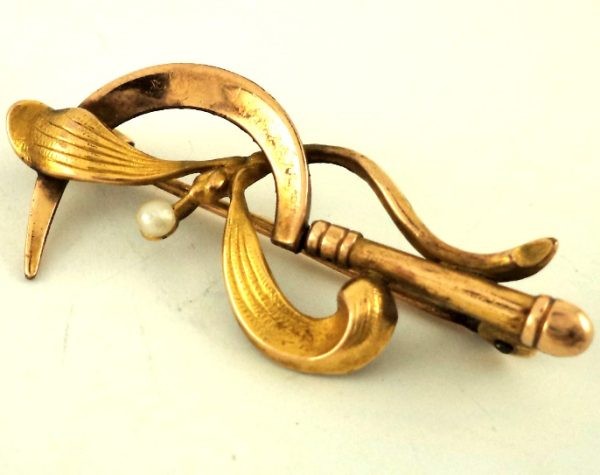 Art Nouveau FIX gold-plated brooch with mistletoe and sickle