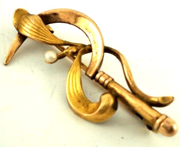 Art Nouveau FIX gold-plated brooch with mistletoe and sickle