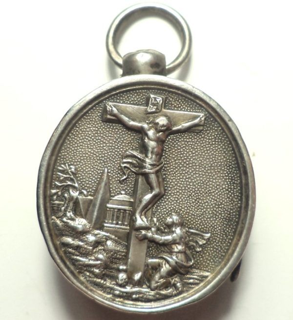 Antique silver locket reliquary containing a relic of Saint Mary Magdalene.