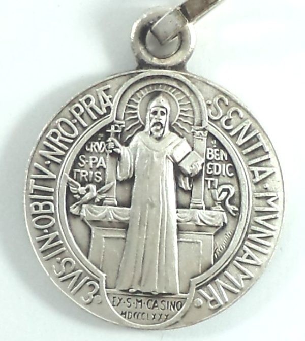 Saint Benedict Exorcism Medal front side with Saint Benedict figure