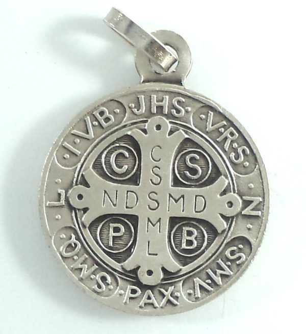 Saint Benedict Exorcism Medal reverse side with Holy Cross and exorcism inscriptions