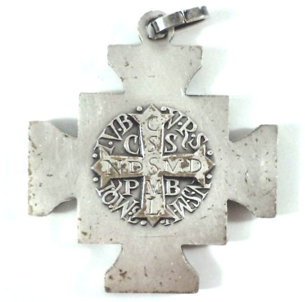 Holy Cross of Father Benedictus with Latin exorcism initials on a silvered cross pendant