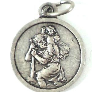 Silver-plated Saint Christopher medal pendant, vintage design, featuring Saint Christopher carrying the Christ Child