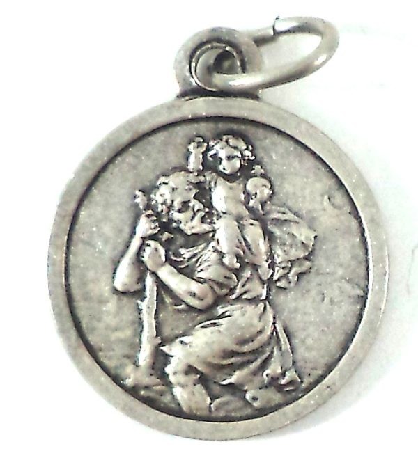 Silver-plated Saint Christopher medal pendant, vintage design, featuring Saint Christopher carrying the Christ Child