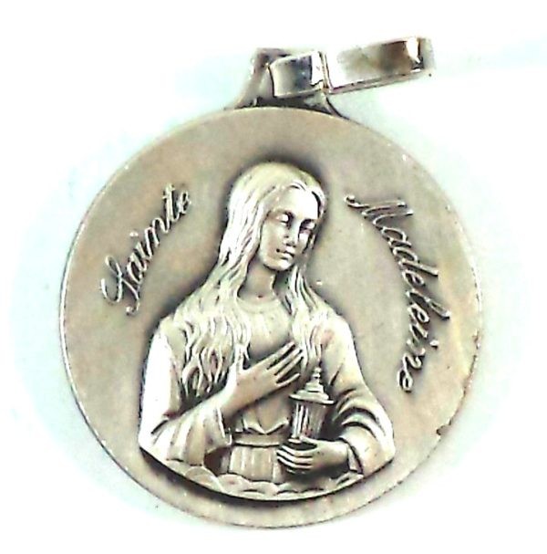 Silver-plated vintage Saint Mary Magdalene medal pendant front view