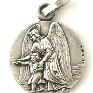 Holy Guardian Angel guiding child silver-plated pendant front side