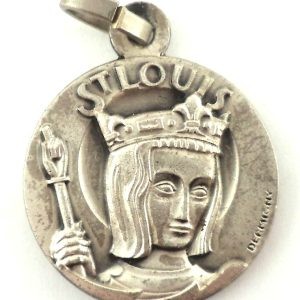 Vintage Saint Louis King of France silver-plated medal pendant front view