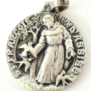 Saint Francis of Assisi silver-plated medal with birds, front view.