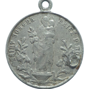 Antique aluminium medal of Saint Joseph and the Sanctuary of Saint Joseph in Louvain, Belgium.