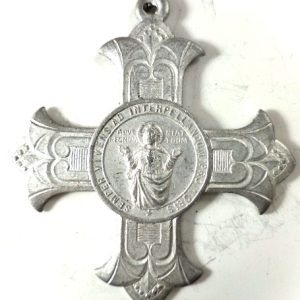 Antique Sacred Heart of Jesus cross medal, front view