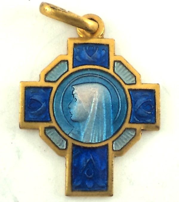 Antique Holy Virgin Mary cross pendant in gold plate with blue enamel, 20 mm in mint condition