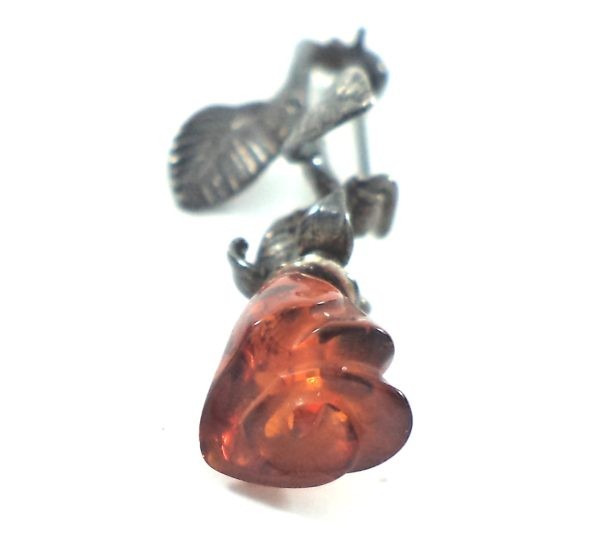 Antique silver and amber rose brooch with carved amber rosebud