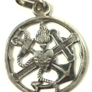 Antique silver triple symbol medal pendant featuring a cross, anchor, and heart, with a 20 mm diameter