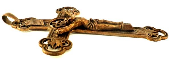 Antique bronze pectoral crucifix with IHS Christogram and ornate floral designs, 95 mm height