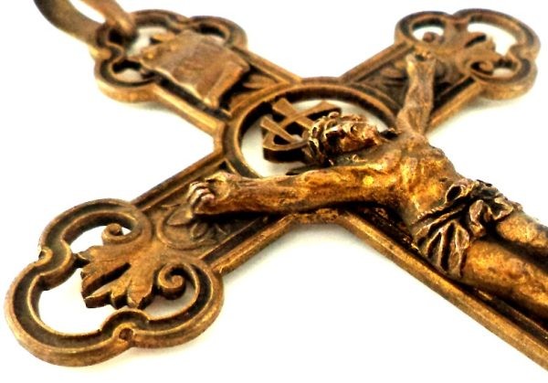 Antique bronze pectoral crucifix with IHS Christogram and ornate floral designs, 95 mm height