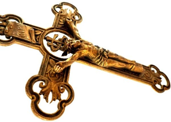 Antique bronze pectoral crucifix with IHS Christogram and ornate floral designs, 95 mm height