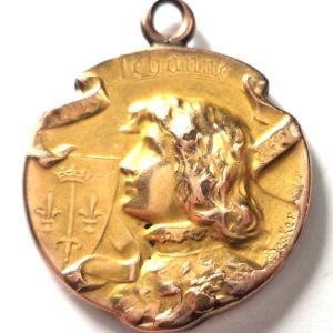 Antique gold-filled FIX medal featuring Saint Joan of Arc designed by Becker in Art Nouveau style, 22 mm height