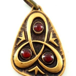 Antique bronze pendant with red poured glass cabochons, signed JB