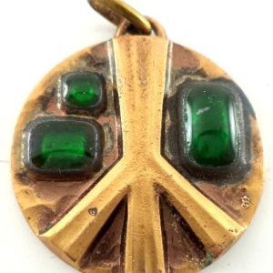 Antique bronze pendant with green poured glass cabochons, signed JB