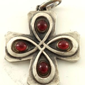 Antique silver pendant with red poured glass cabochons, signed JB