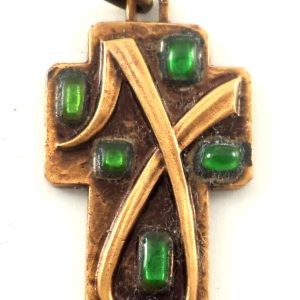 Antique bronze pendant with green poured glass cabochons, signed JB