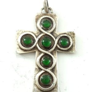 Antique silver cross pendant with green poured glass cabochons, signed JB