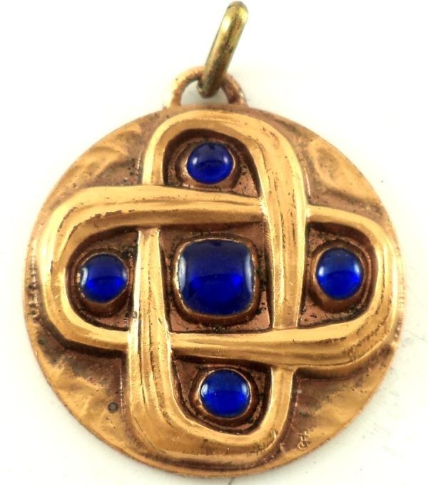 Antique bronze pendant with blue poured glass cabochons by J. Balme