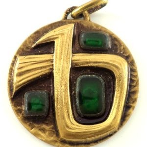 Bronze pendant with green poured glass cabochons by J. Balme