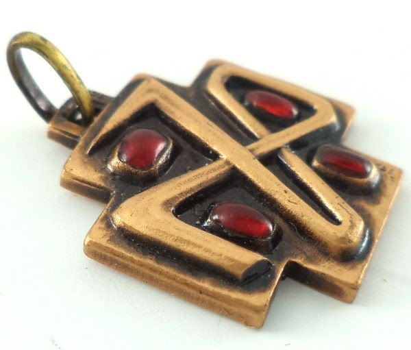 Bronze Chi Rho cross pendant with red poured glass by J. Balme