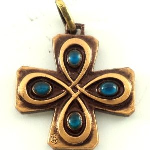 Bronze Möbius cross pendant with blue poured glass by J. Balme