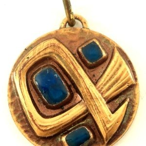 Bronze Ichthus fish pendant with blue poured glass by J. Balme