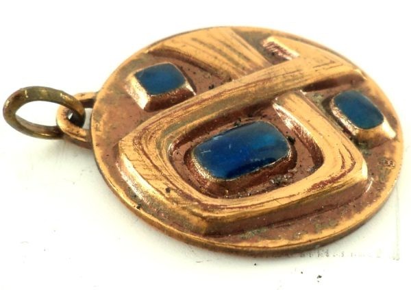 Bronze Ichthus fish pendant with blue poured glass by J. Balme