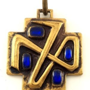 Bronze Chi Rho cross pendant with blue poured glass by J. Balme