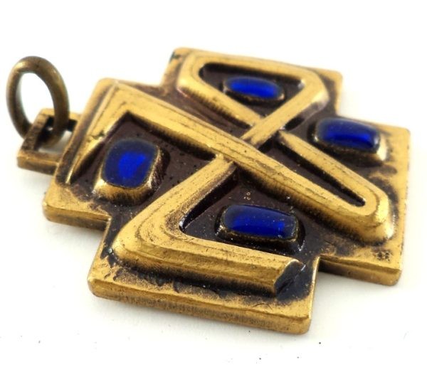 Bronze Chi Rho cross pendant with blue poured glass by J. Balme