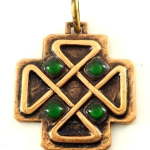 Bronze Möbius cross pendant with green poured glass by J. Balme