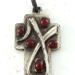 Silver Chi Rho cross pendant with red poured glass by J. Balme